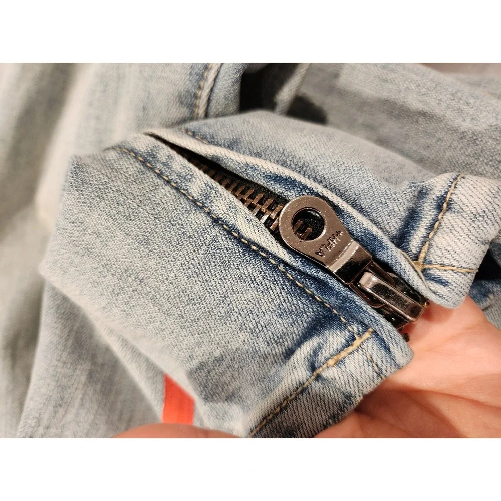 HOMME + FEMME Red Stripe Jeans Size 32 Logo Denim‎ Ankle Zip Distressed YKK